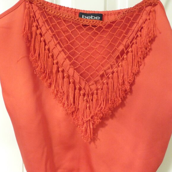 BEBE bright orange satin top with tassels and bubble hem - Picture 3 of 11
